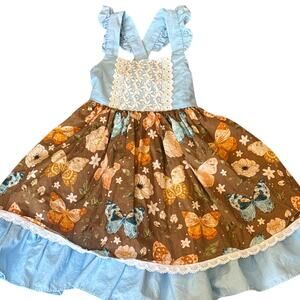 Ricrac & Ruffles Butterfly Dress Girls 3T Boutique Floral Blue Brown Ruffle Trim